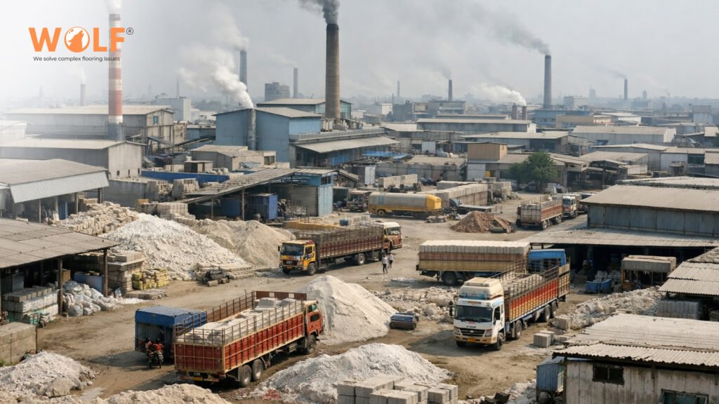 Morbi tile manufacturing cluster with multiple factories, raw materials, and transport trucks