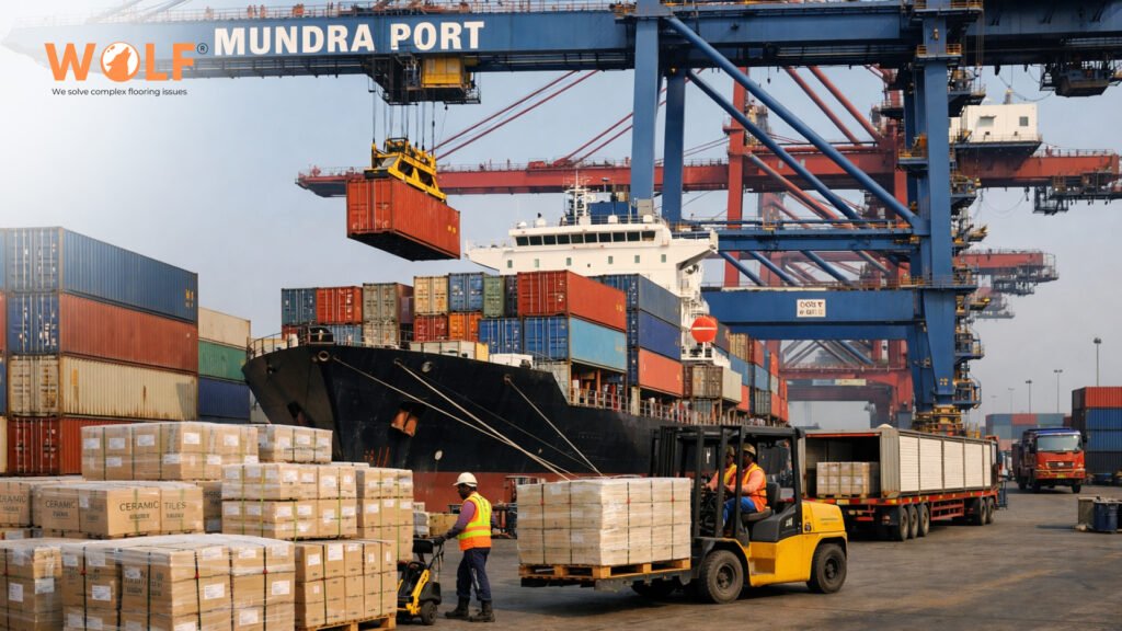Ceramic tile export operations at Mundra Port India with containers being loaded for US shipment