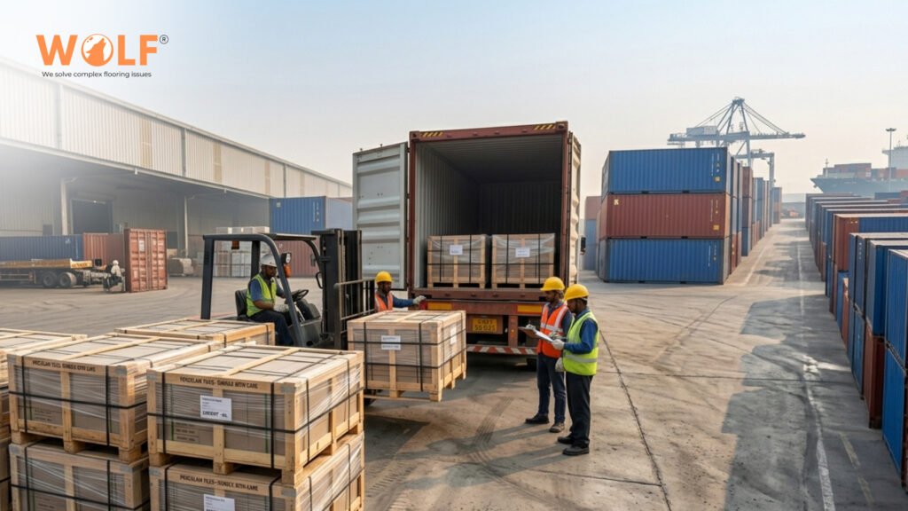 Wolf porcelain tiles being loaded for export from India to the Netherlands at Rotterdam-bound freight terminal