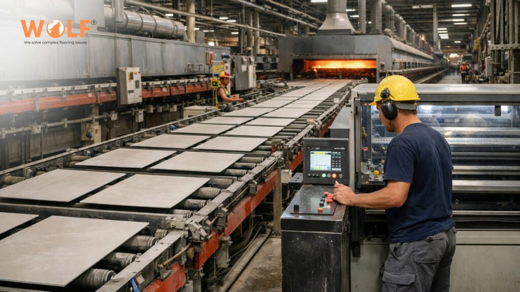 Porcelain tiles moving through a continuous kiln production line in a Morbi factory