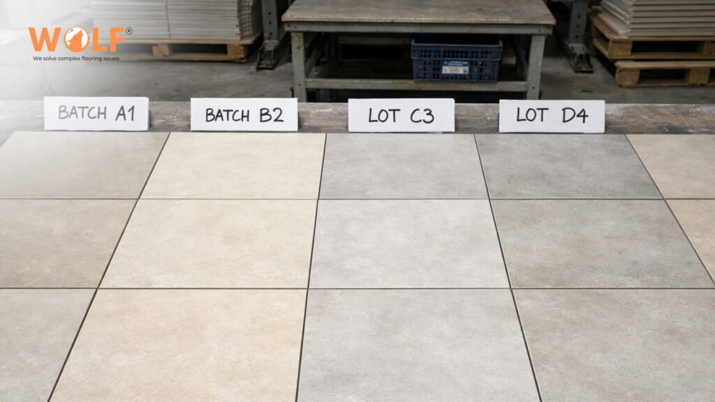 Porcelain tiles from different production batches showing slight shade variation and labeling