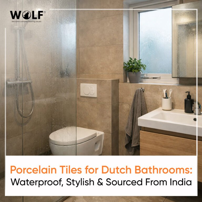 Porcelain tiles for Dutch bathrooms by Wolf. Waterproof, stylish and sourced from India