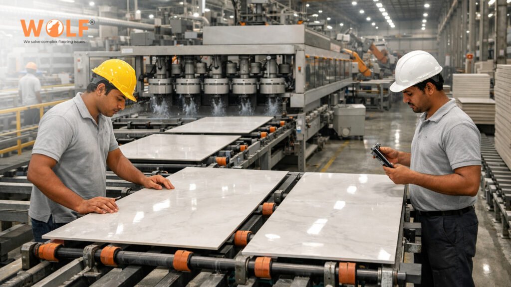 Porcelain tile manufacturing process in Morbi India with workers inspecting large format tiles on the production line.