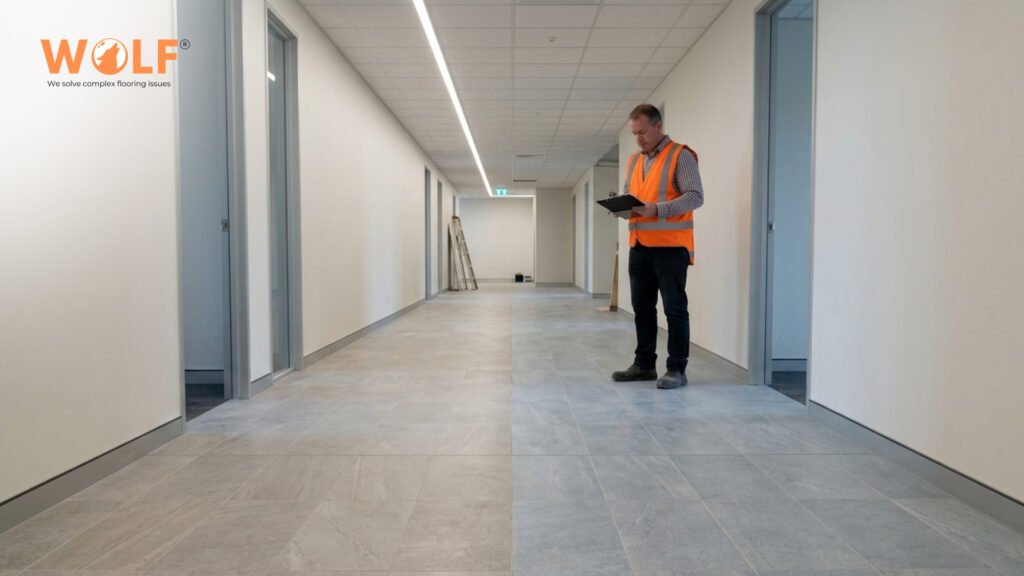 Fit-out contractor reviewing porcelain tile installation in a commercial office corridor UK