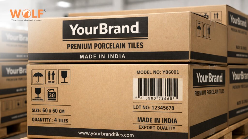 Private label porcelain tile packaging with custom branding, barcode and export markings from India