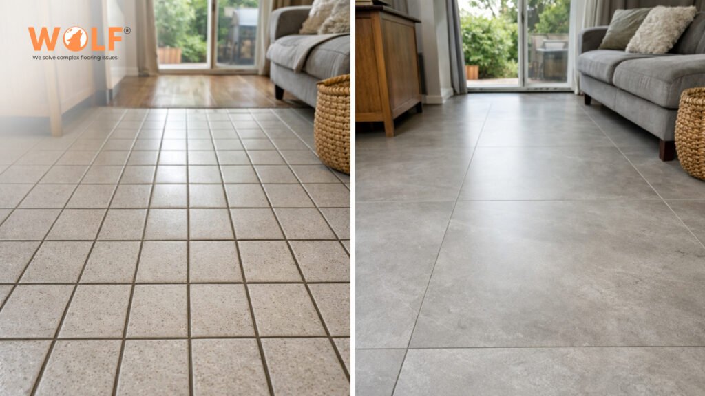 Comparison of small tiles with visible grout lines versus large-format porcelain tiles with minimal joints in residential flooring