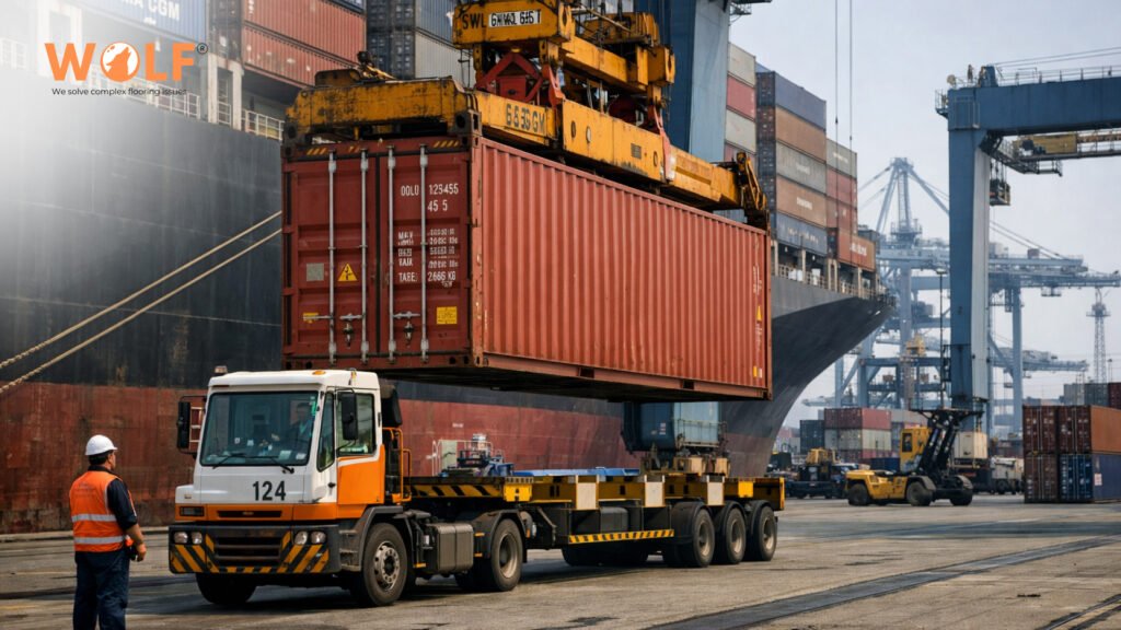 Container loading at port showing export logistics of porcelain tiles from India to Albania via sea freight
