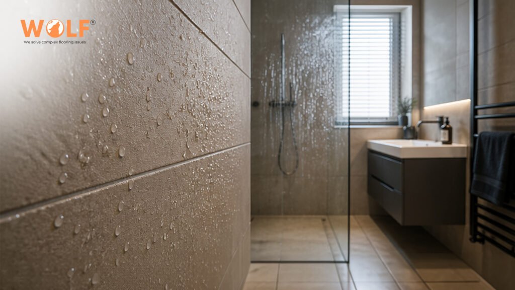 Water droplets on textured porcelain bathroom wall tile, waterproof performance verified under EN 14411