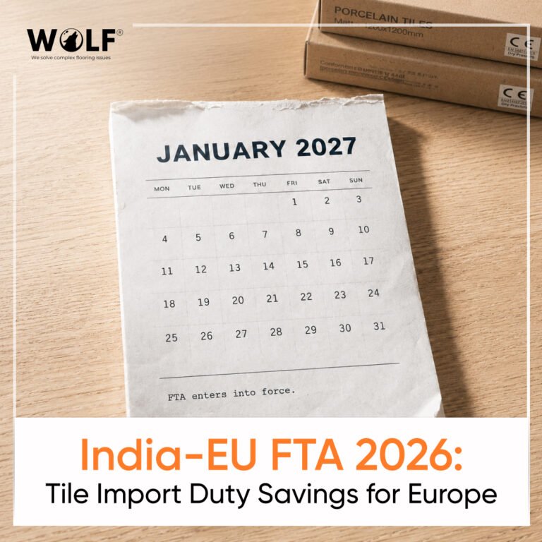 India-EU FTA 2026 calendar showing January 2027 entry into force date for porcelain tile importers