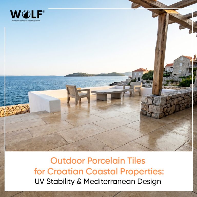 Outdoor porcelain tiles on Croatian coastal villa terrace with Adriatic sea view, warm travertine matte finish, salt-resistant and UV-stable
