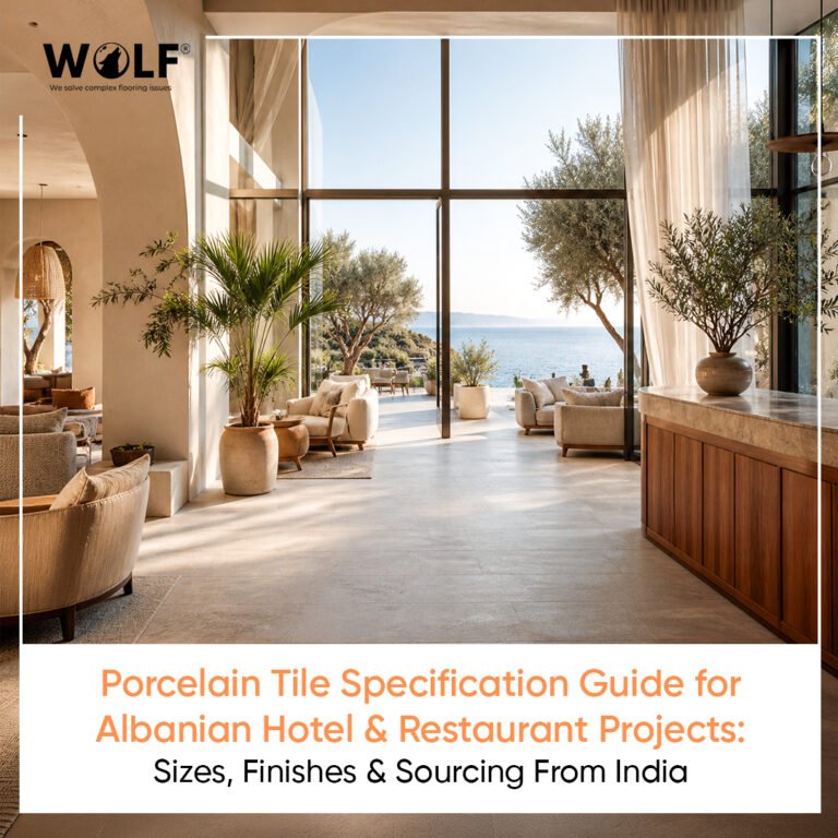 Porcelain tile specification guide for Albanian hotel and restaurant projects, large-format matte porcelain lobby floor with Adriatic sea view, sourced from India by Wolf Tiles