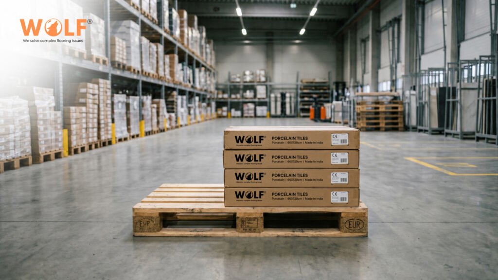 Wolf CE-marked porcelain tile boxes on EUR pallet in European distribution warehouse ready for delivery