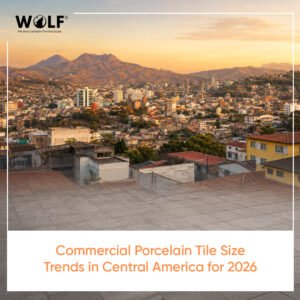 Skyline view of a Central American city at sunset with porcelain tile flooring in foreground
