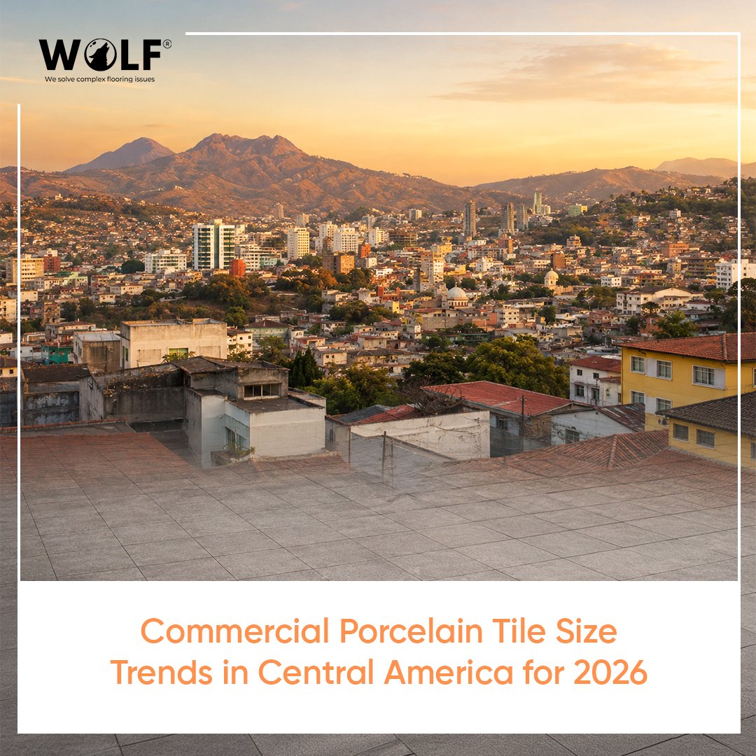 Skyline view of a Central American city at sunset with porcelain tile flooring in foreground