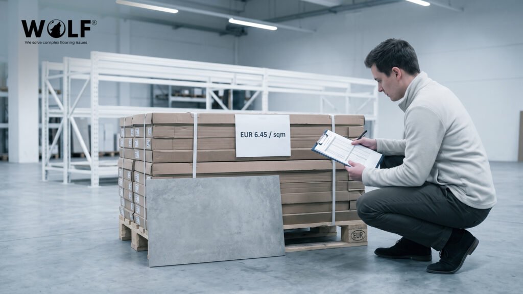 Procurement manager checking landed cost of Indian porcelain tiles at a German warehouse, EUR 6.45 per sqm label on imported tile pallet