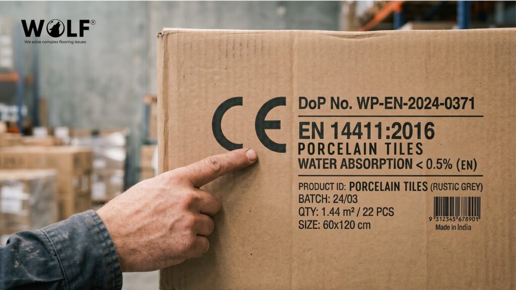 Close-up of CE marking, DoP number, and EN 14411 classification printed on a private label porcelain tile carton from India for European import