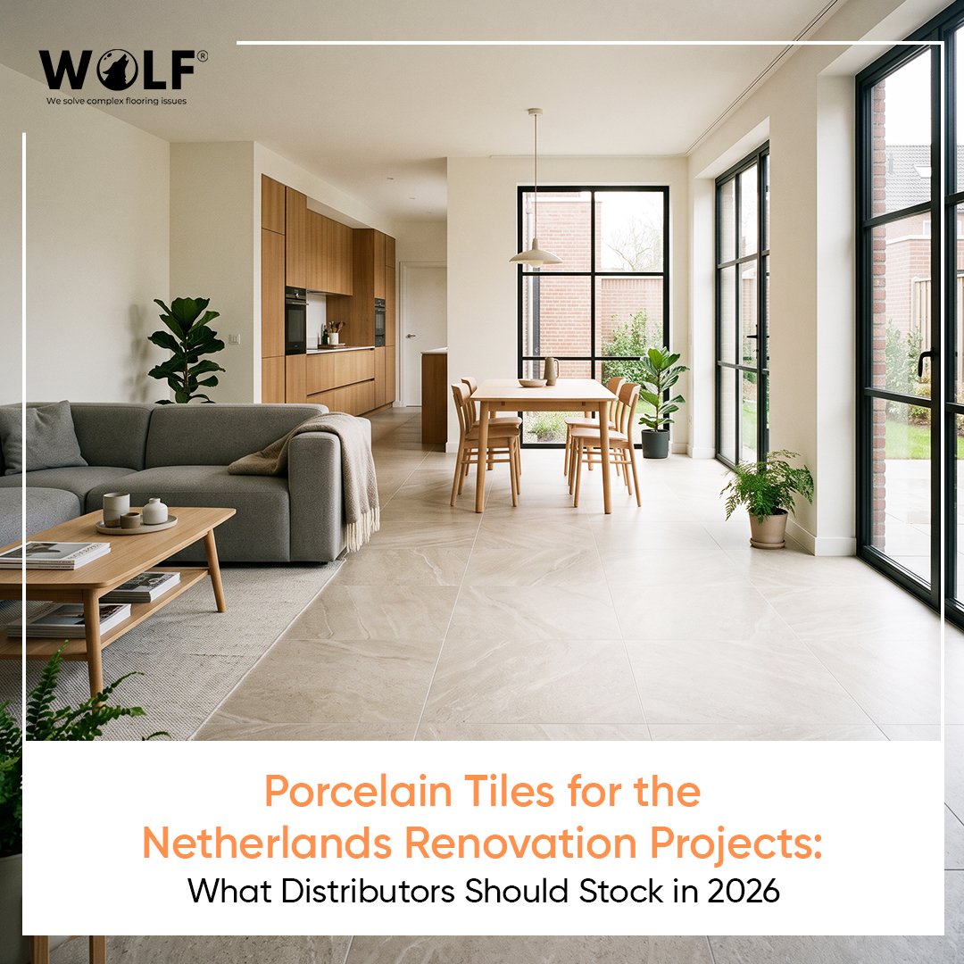 Open-plan Dutch living space with large-format matte porcelain floor tiles in a 2026 renovation