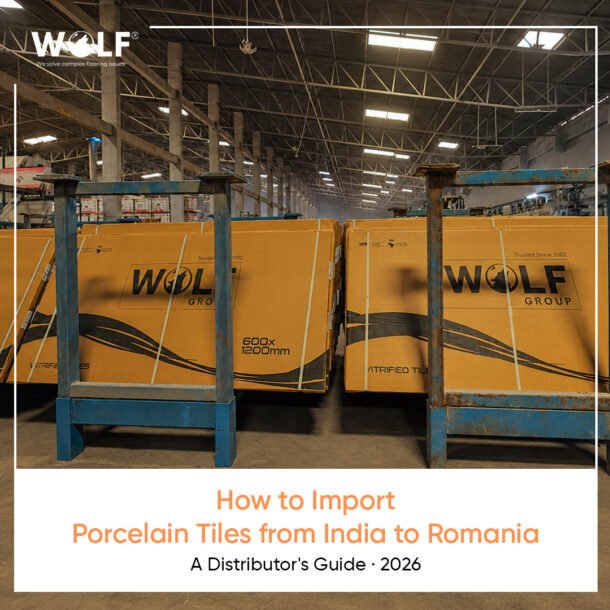 How to import porcelain tiles from India to Romania, Wolf Group warehouse with packaged 600x1200mm tiles