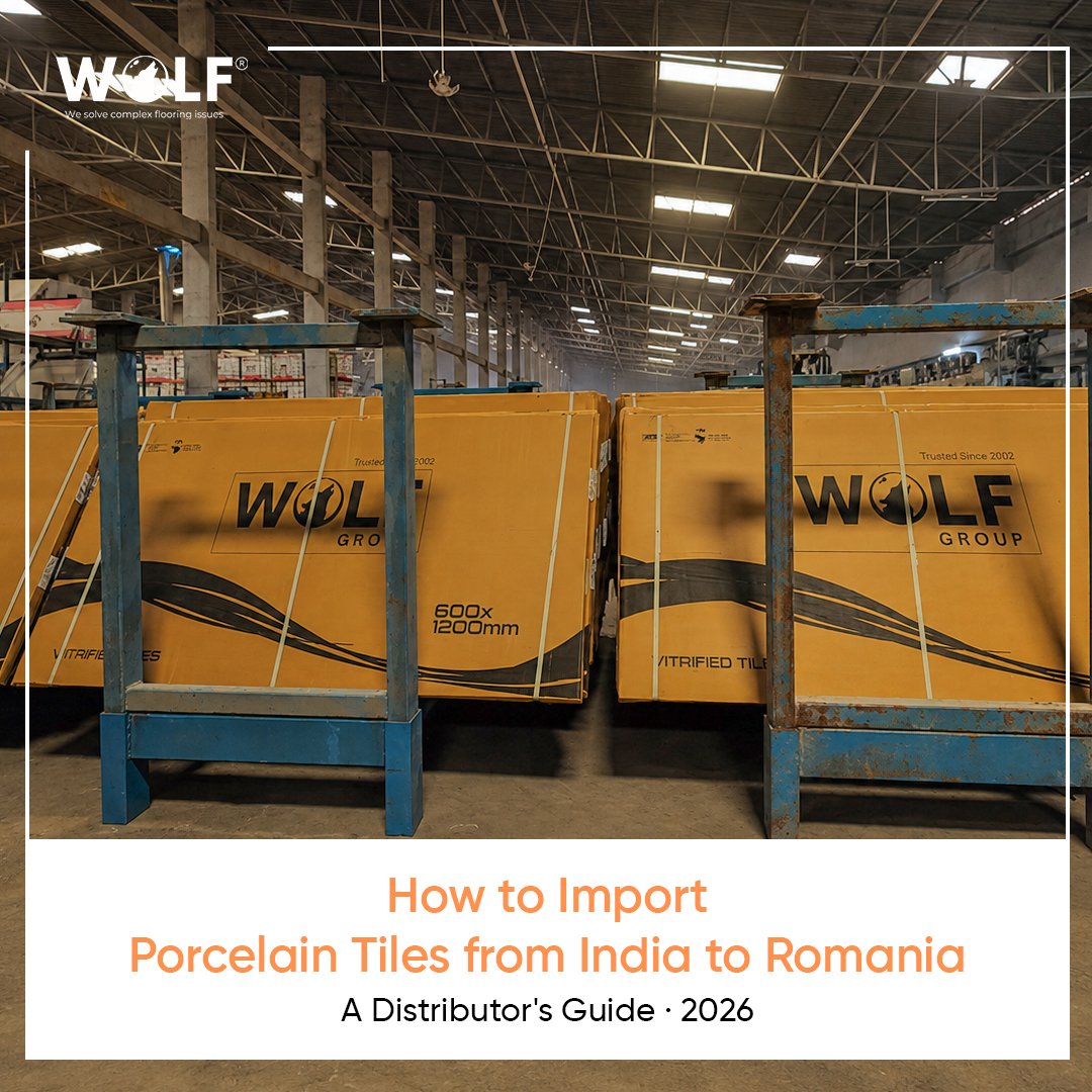 How to import porcelain tiles from India to Romania, Wolf Group warehouse with packaged 600x1200mm tiles