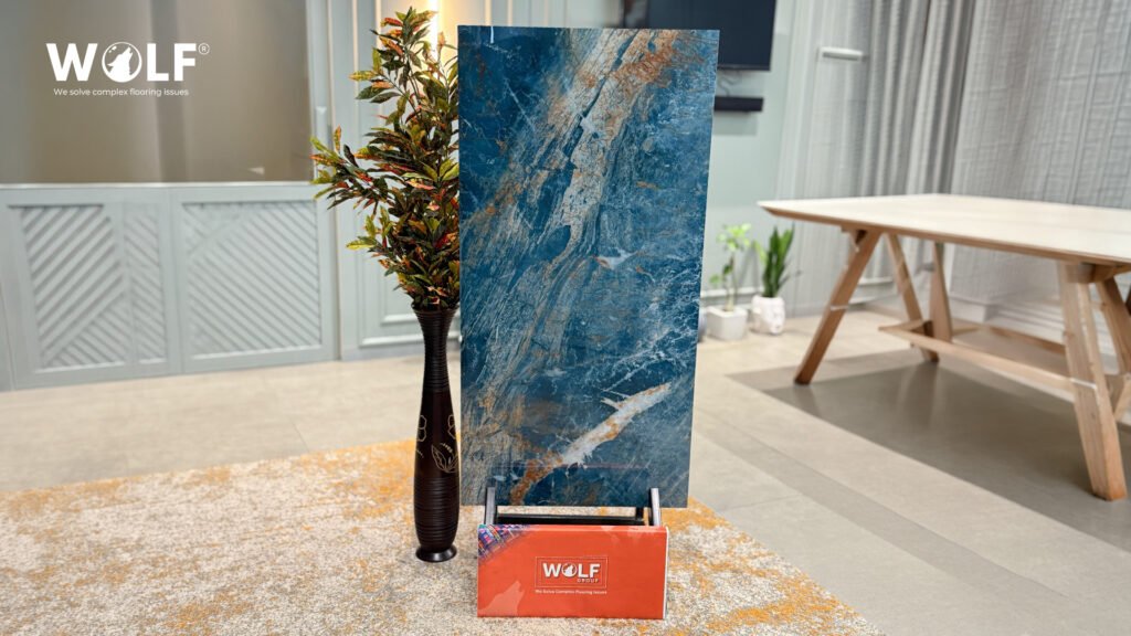 Blue marble-look porcelain slab on display for Bulgarian distributors