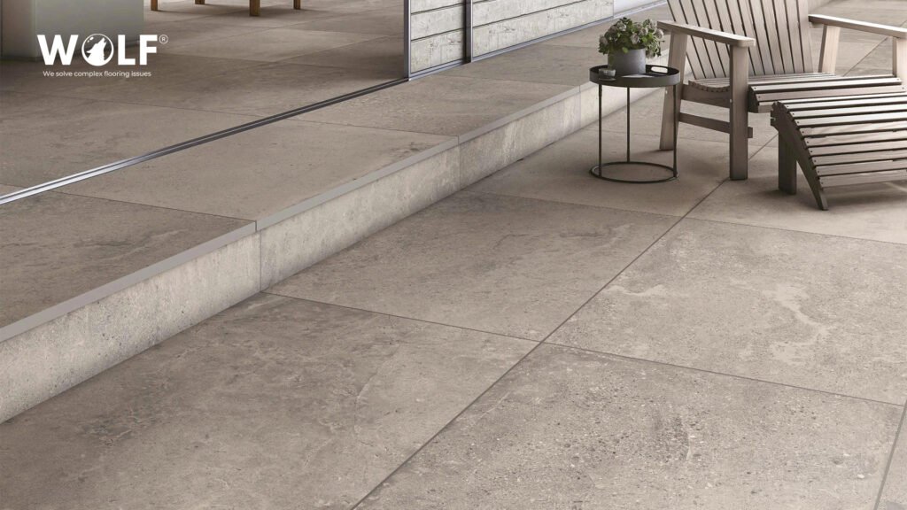 Stone-look outdoor porcelain pavers on a terrace near the Black Sea coast