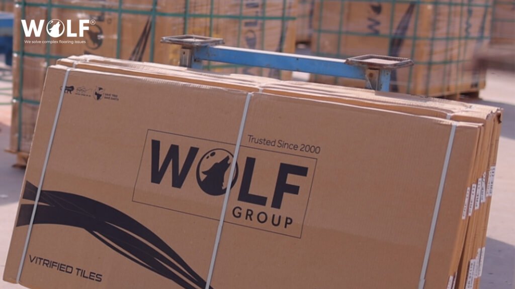 Packaged porcelain tile cartons being weighed at the factory during pre-shipment inspection