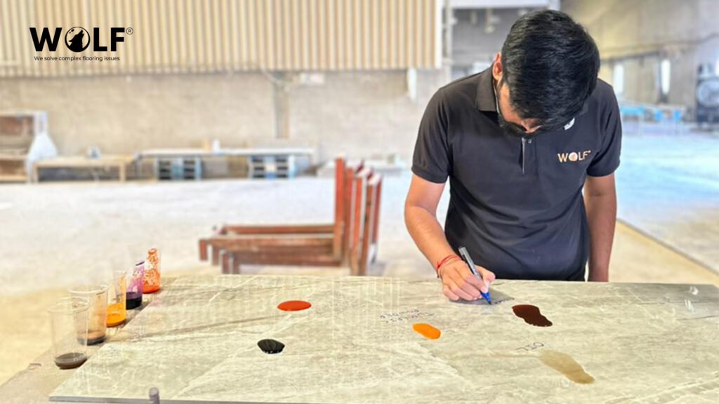 Porcelain tile quality testing at Wolf factory before export