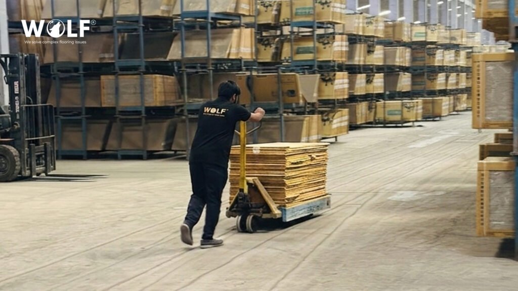 Wolf porcelain tile pallets in a warehouse after clearance and delivery