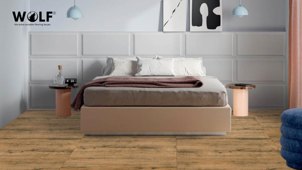 Wood-look porcelain floor tiles in a modern bedroom