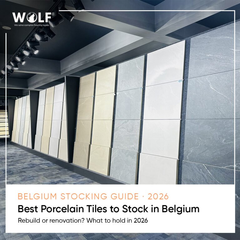Wolf showroom with marble-look porcelain slabs, titled Best Porcelain Tiles to Stock in Belgium 2026
