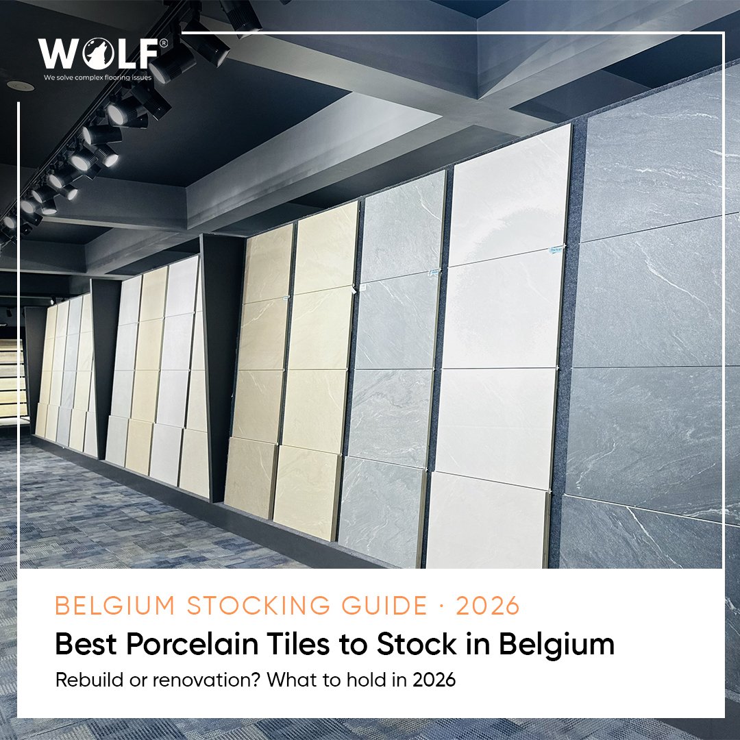 Wolf showroom with marble-look porcelain slabs, titled Best Porcelain Tiles to Stock in Belgium 2026