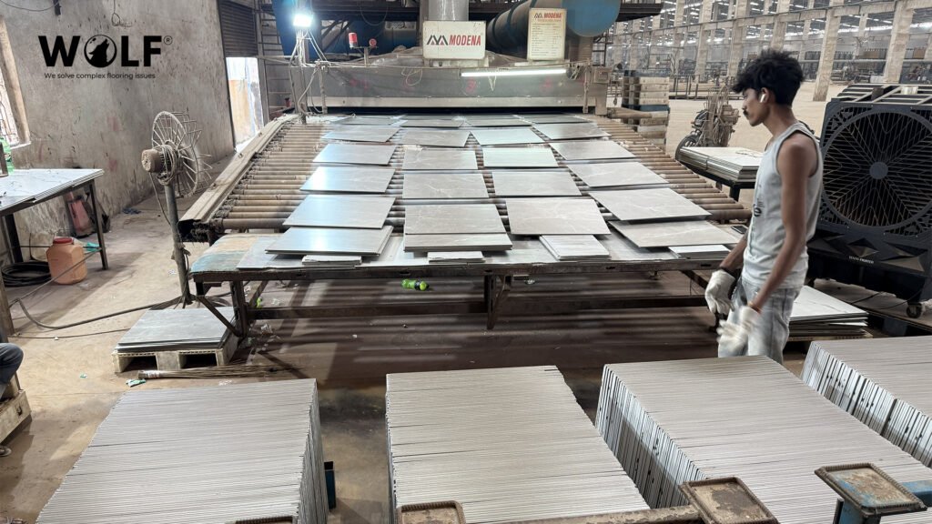 "Porcelain tile manufacturing floor in Morbi, India, producing tiles for direct export"
