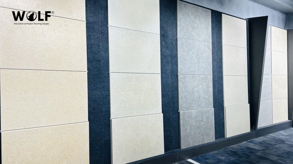 Stone and concrete-effect porcelain tiles in soft greys and warm whites on a Wolf showroom display