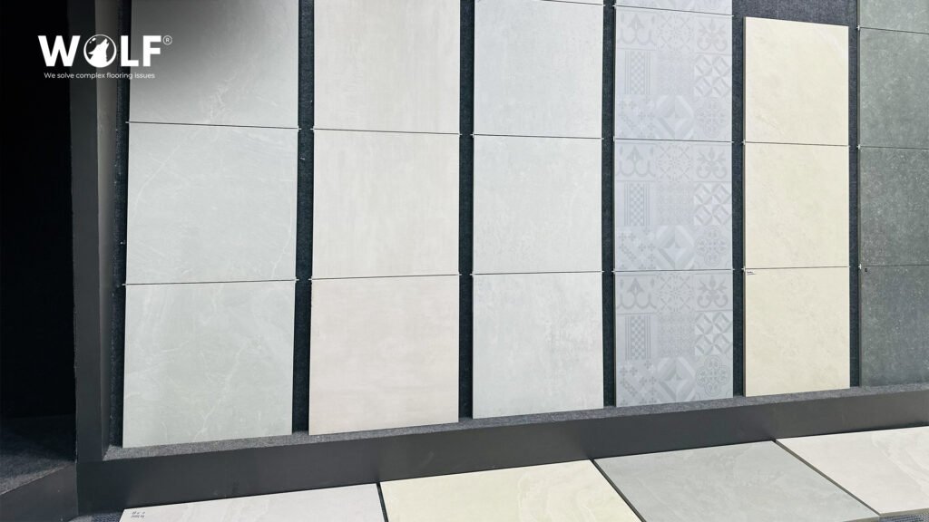 Large format porcelain tile panels on display, including a patterned accent tile