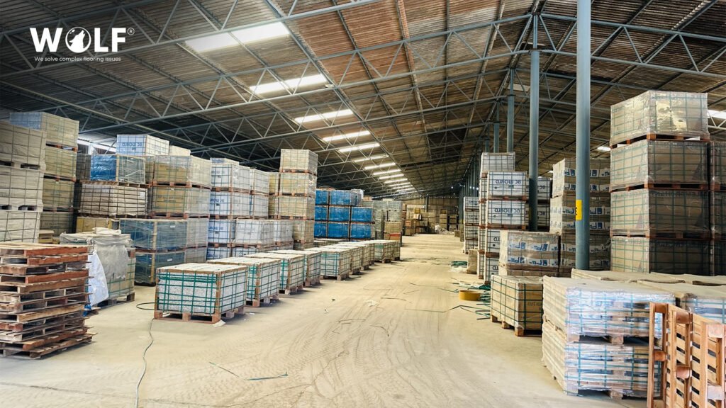 Warehouse stacked with palletized porcelain tile stock ready for export to Serbia and the Balkans