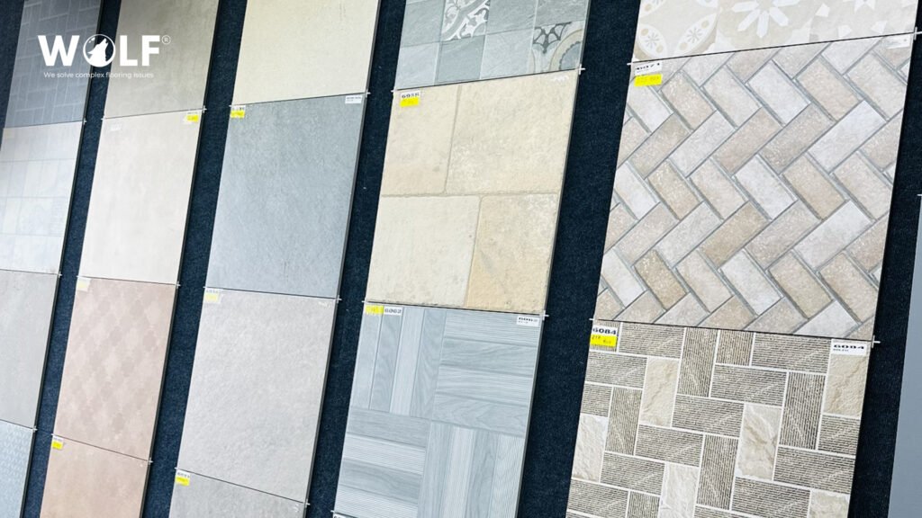 "Porcelain tile showroom display stocked by a European distributor in the Netherlands"