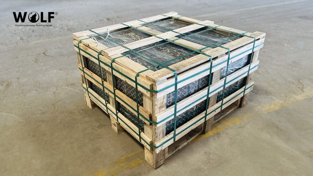 Strapped wooden export crate of porcelain tiles ready for container loading to the Netherlands