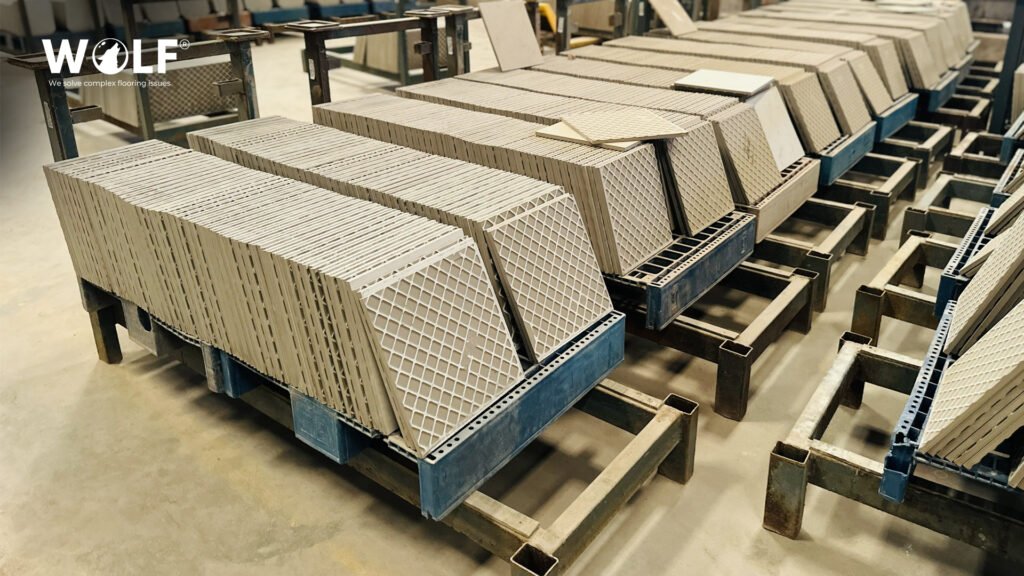 Pallets of porcelain tiles wrapped and batch sorted before export from India