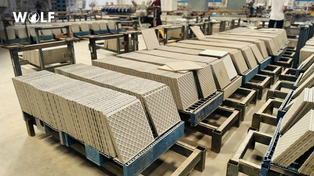 Palletised outdoor porcelain tiles packed and staged for export shipping to Rotterdam