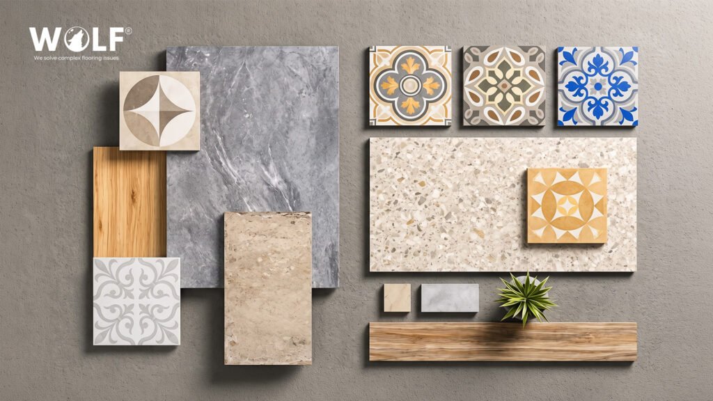 Sample porcelain tiles in marble, wood and patterned finishes laid out for quality checks
