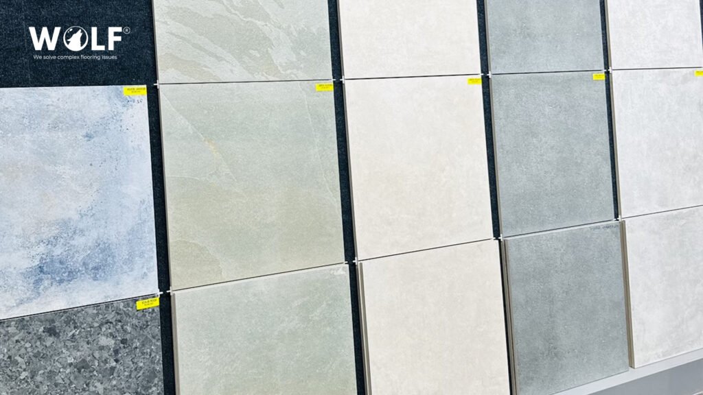 Stone-look porcelain tiles in mixed sizes laid in a modular pattern on a Wolf showroom wall
