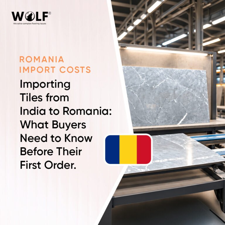 Importing tiles from India to Romania: grey marble-look porcelain tiles on a factory line beside the Romanian flag