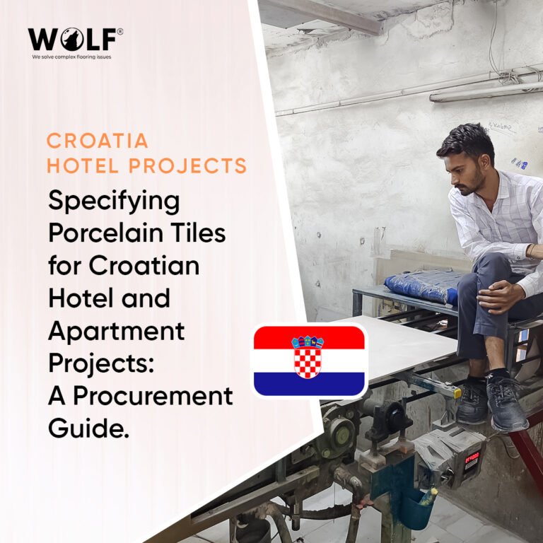 Wolf technician inspecting a large porcelain tile on the factory line, for Croatian hotel and apartment tile specification
