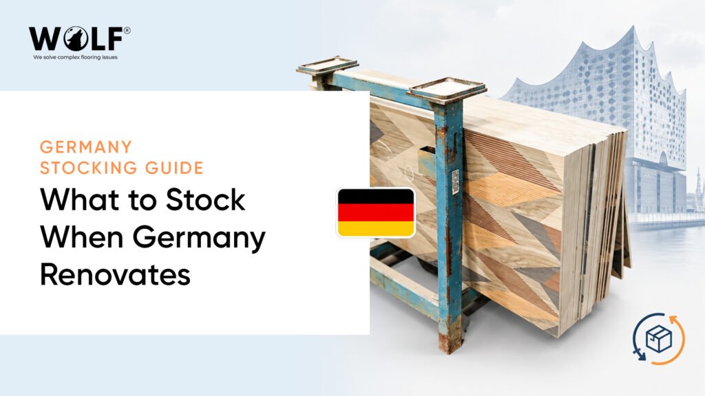 Porcelain tiles to stock in Germany: Wolf tile stack with Hamburg’s Elbphilharmonie and the German flag