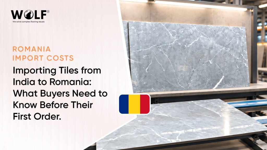 Romanian flag and grey porcelain tiles on a factory line, a first-order guide to tile import from India to Romania