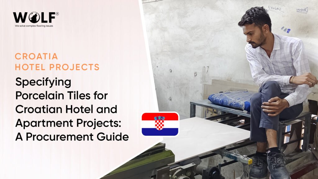 Wolf technician inspecting a large porcelain tile on the factory line, for Croatian hotel and apartment tile specification