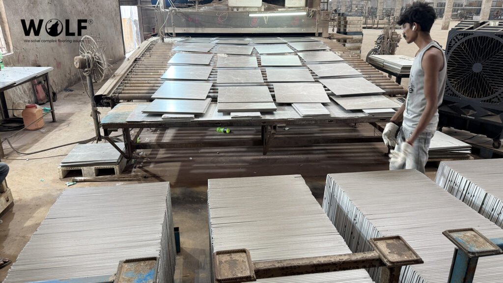 Porcelain tile sizes for Germany: stacked tiles standing on edge, showing ribbed backs and different thicknesses