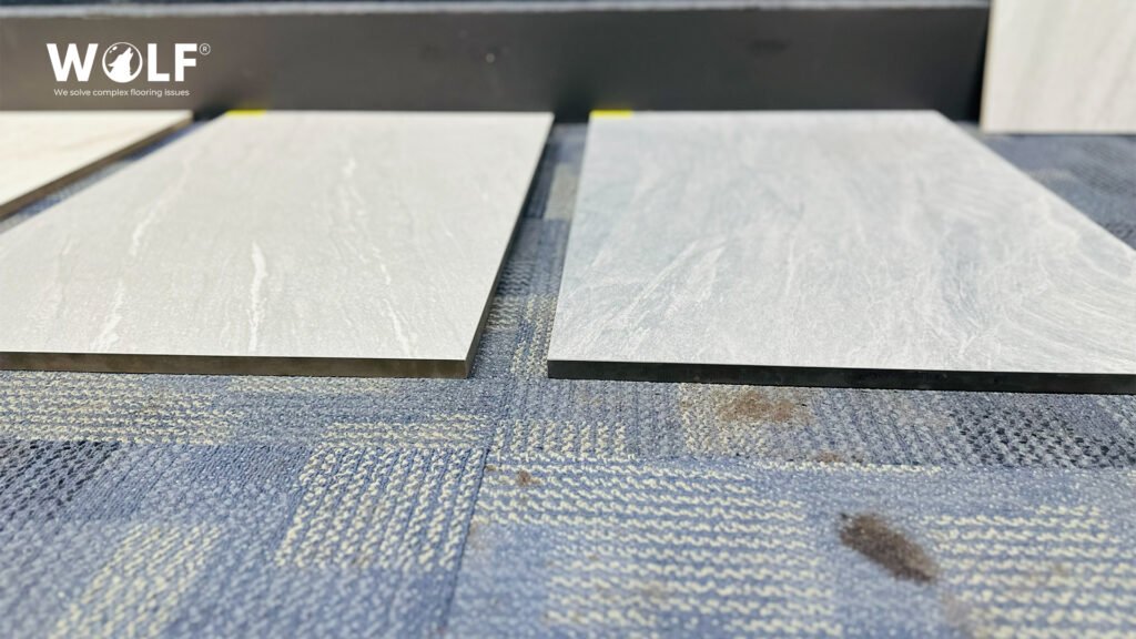 Two matte grey stone-effect porcelain tiles shown edge-on, a quiet finish for German renovation projects