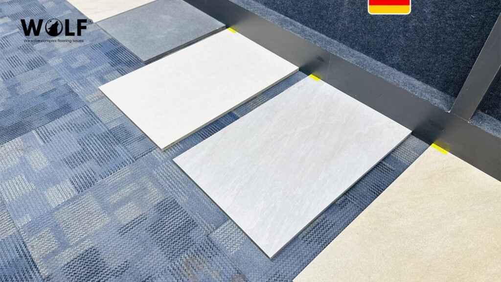 Porcelain tile samples in several finishes laid side by side for comparison before a German order