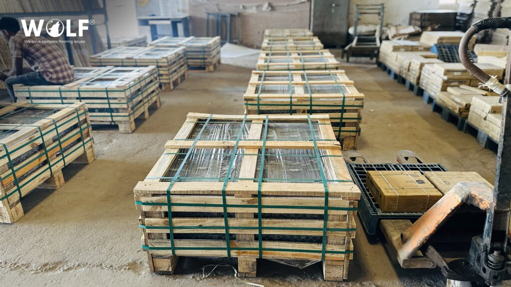 CE-marked cartons of 600x900 mm outdoor porcelain tiles, palletised and stretch-wrapped for export to Europe